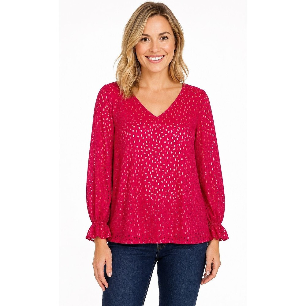 Vince Camuto Large  12 14 Raspberry Gold Dot Flowy Ruffle Hem Sleeve Silky Top